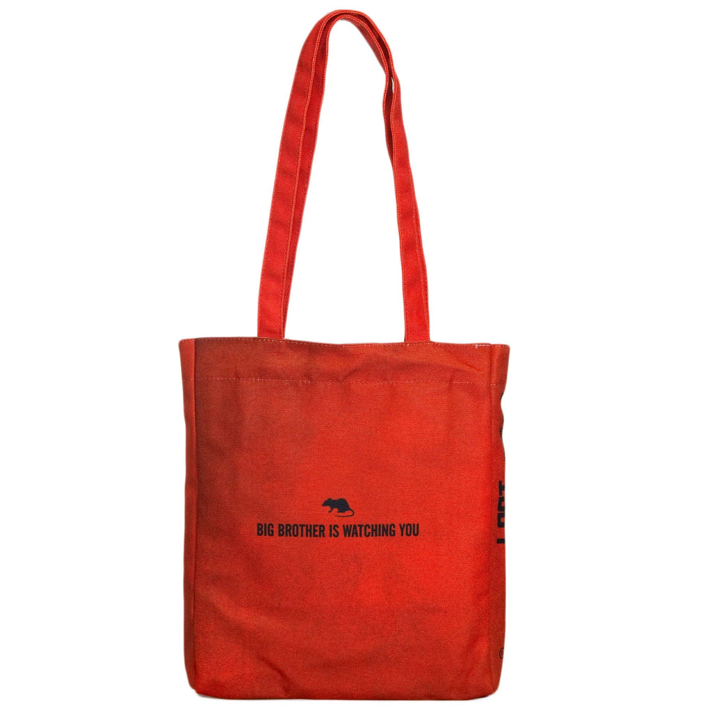 1985 Red and Yellow Tote Bag by George Orwell featuring Watchful Eye design, by Well Read Co. - Back
