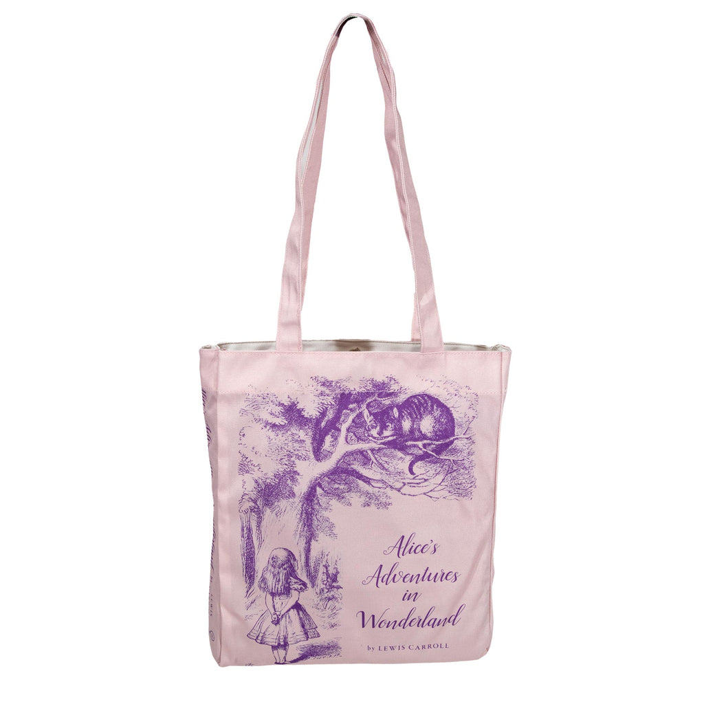 Alice's Adventures in Wonderland Pink Tote Bag by Lewis Carroll featuring Alice and Cheshire Cat design, by Well Read Co. - Front