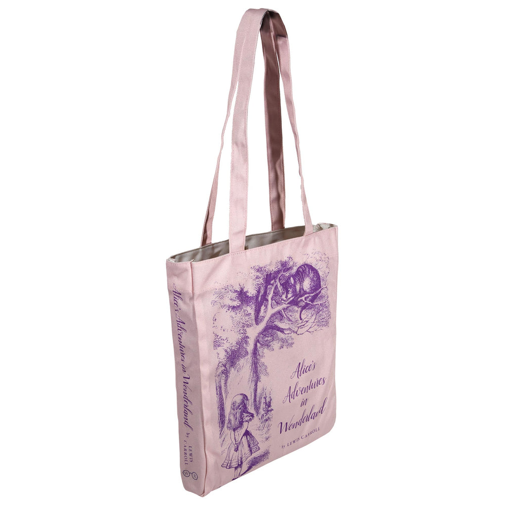 Alice's Adventures in Wonderland Pink Tote Bag by Lewis Carroll featuring Alice and Cheshire Cat design, by Well Read Co. - Side