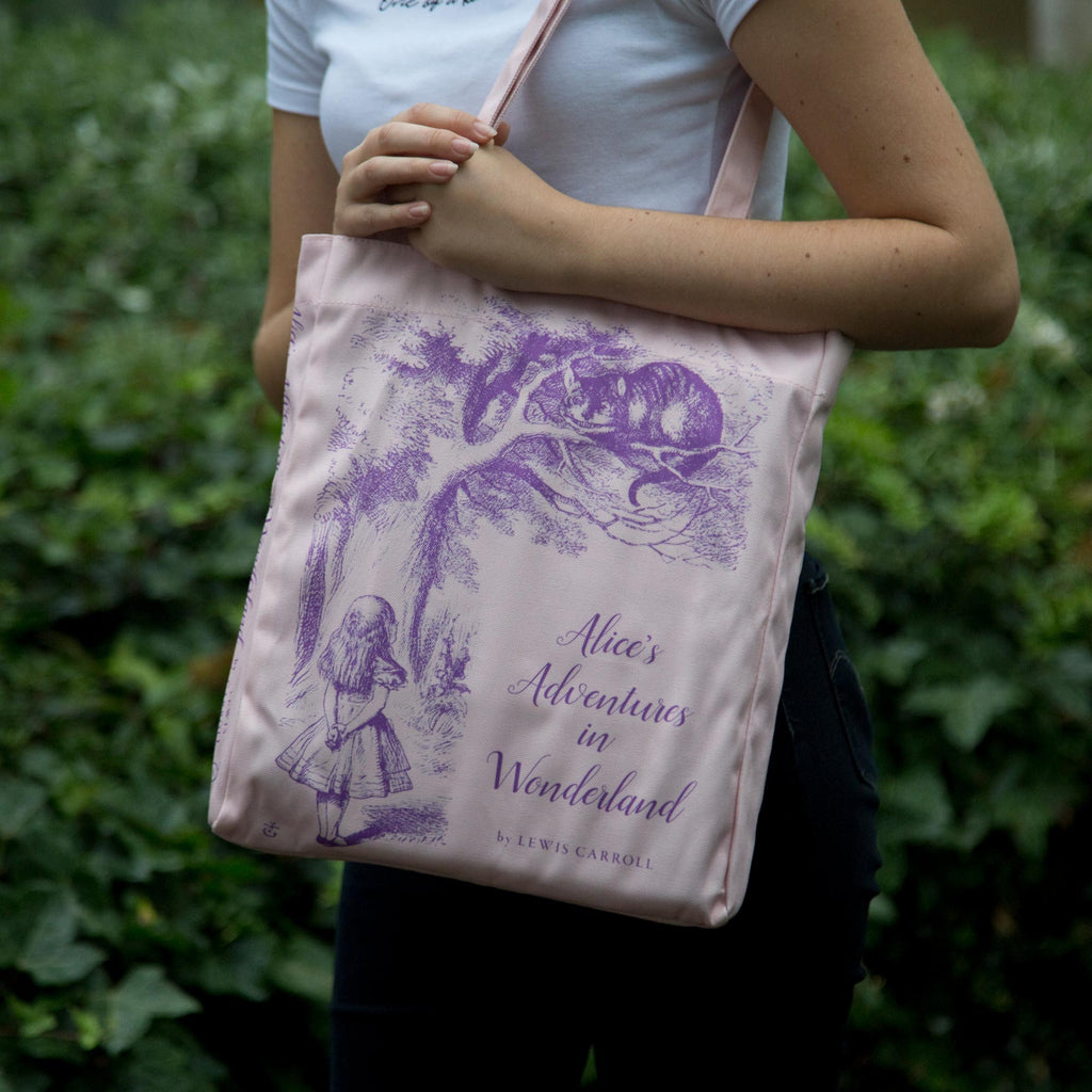 Alice's Adventures in Wonderland Pink Tote Bag by Lewis Carroll featuring Alice and Cheshire Cat design, by Well Read Co. - Hand