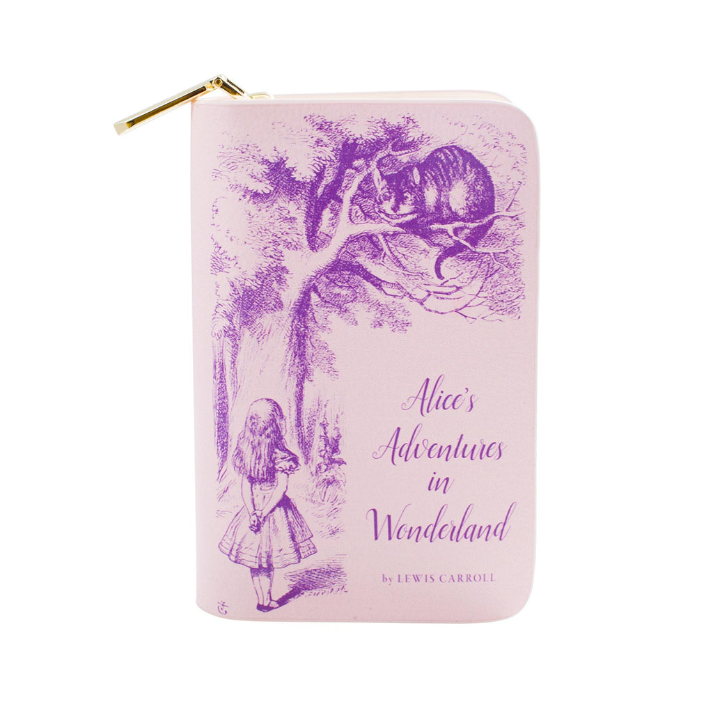 Alice's Adventures in Wonderland Pink Wallet Purse by Lewis Carroll featuring Alice and Cheshire Cat design, by Well Read Co. - Front