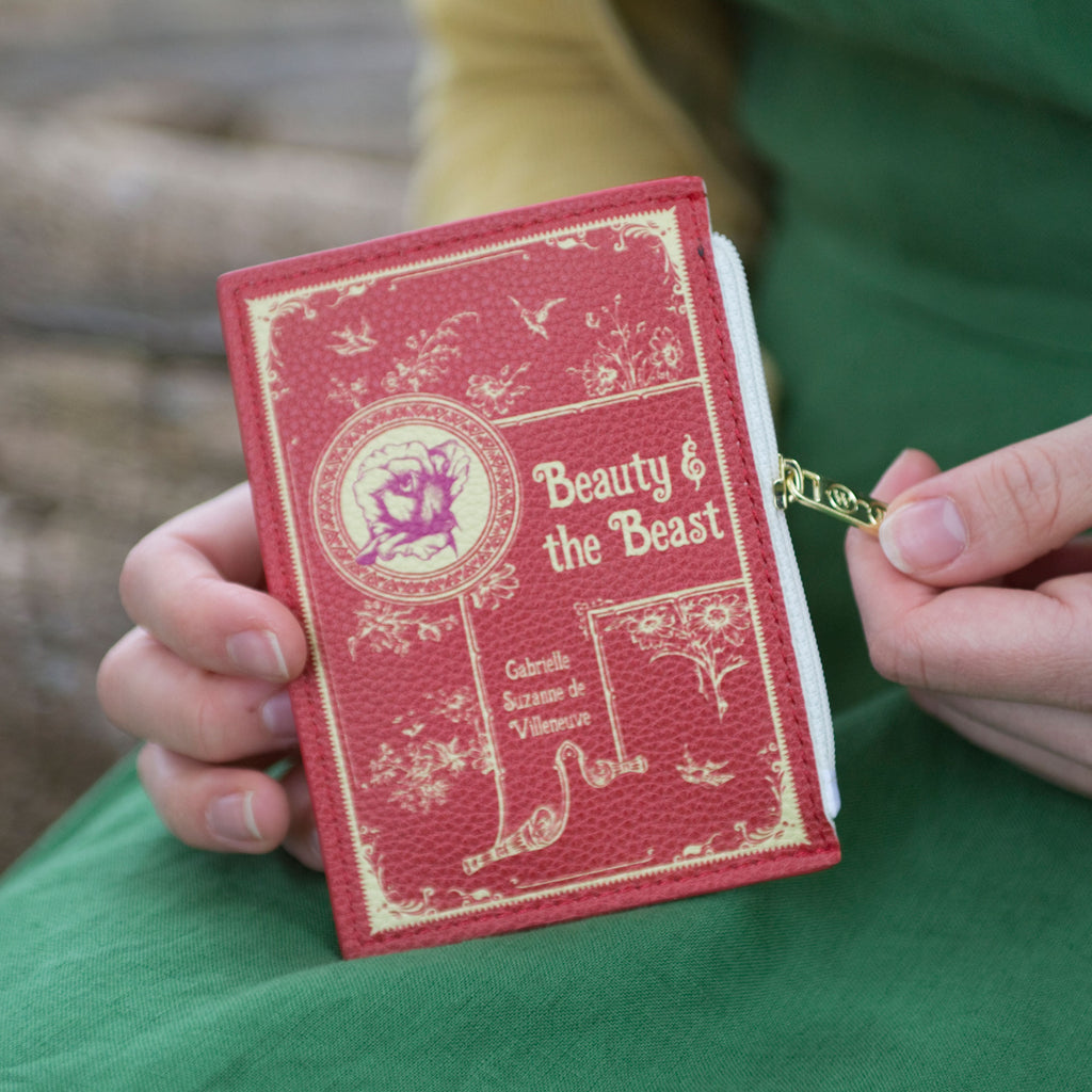 Beauty and the Beast Red Coin Purse by Gabrielle-Suzanne de Villeneuve featuring Golden Flowers and Swallows design, by Well Read Co. - Front