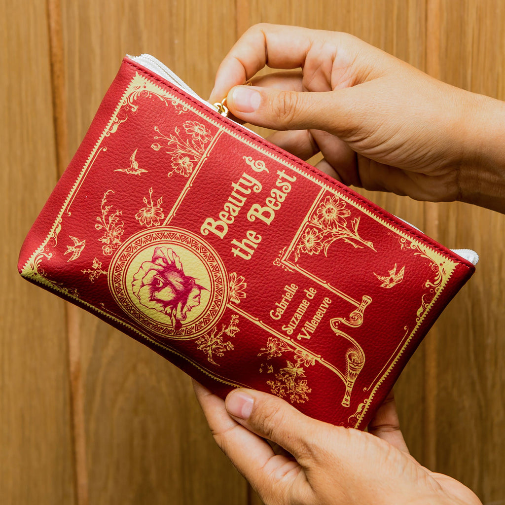 Beauty and the Beast Red Pouch Purse by Gabrielle-Suzanne de Villeneuve featuring Rose and Swallows design, by Well Read Co. - Hand