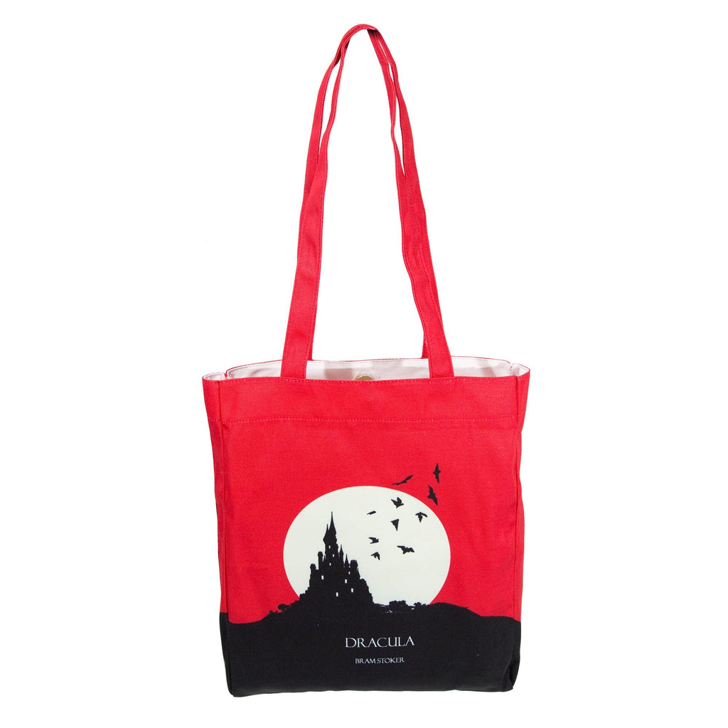 Dracula Red Tote Bag by Bram Stoker featuring Black Castle and Bats design, by Well Read Co. - Front