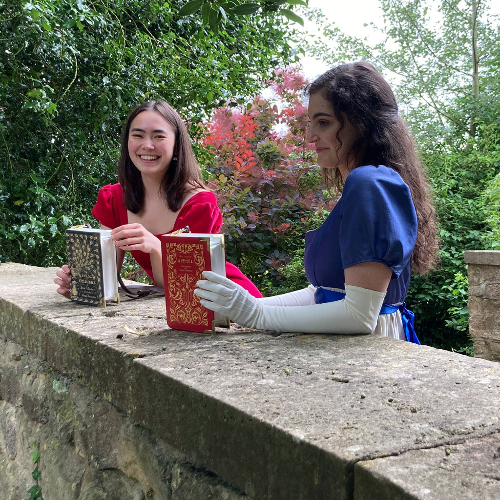 Emma Red Handbag by Jane Austen with Ornate Gold Leaf design, by Well Read Co. - Girl in Red Sitting