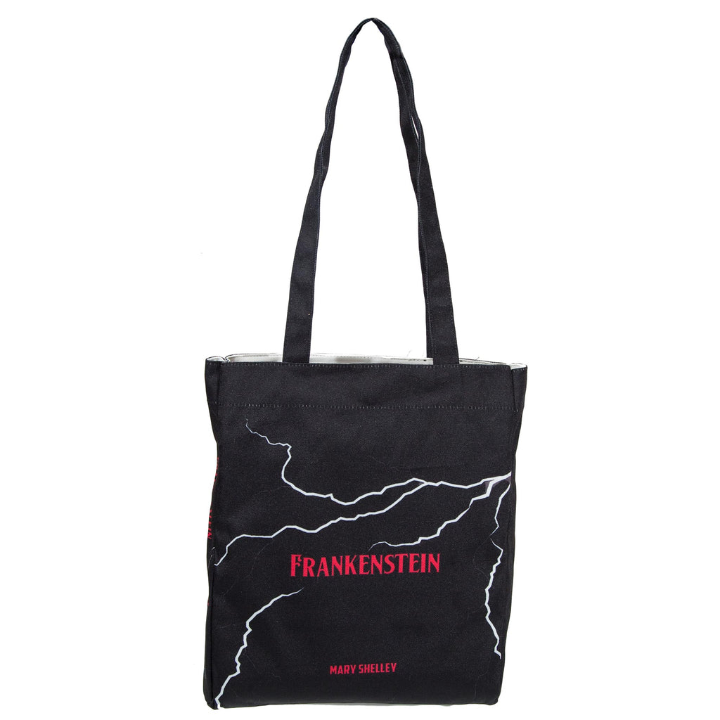 Frankenstein Black Tote Bag by Mary Shelley featuring Lightning Flash design, by Well Read Co. - Front