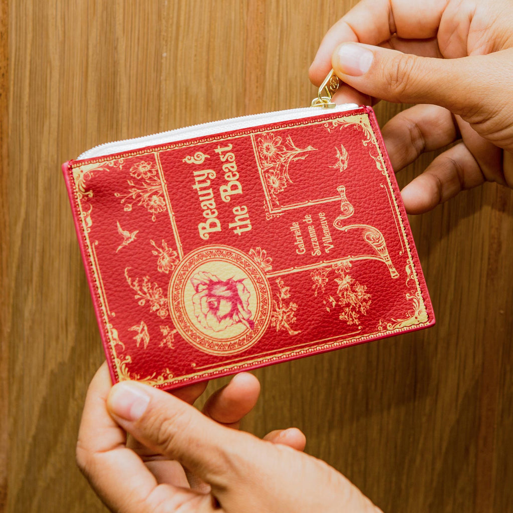 Beauty and the Beast Red Coin Purse by Gabrielle-Suzanne de Villeneuve featuring Golden Flowers and Swallows design, by Well Read Co. - Hand