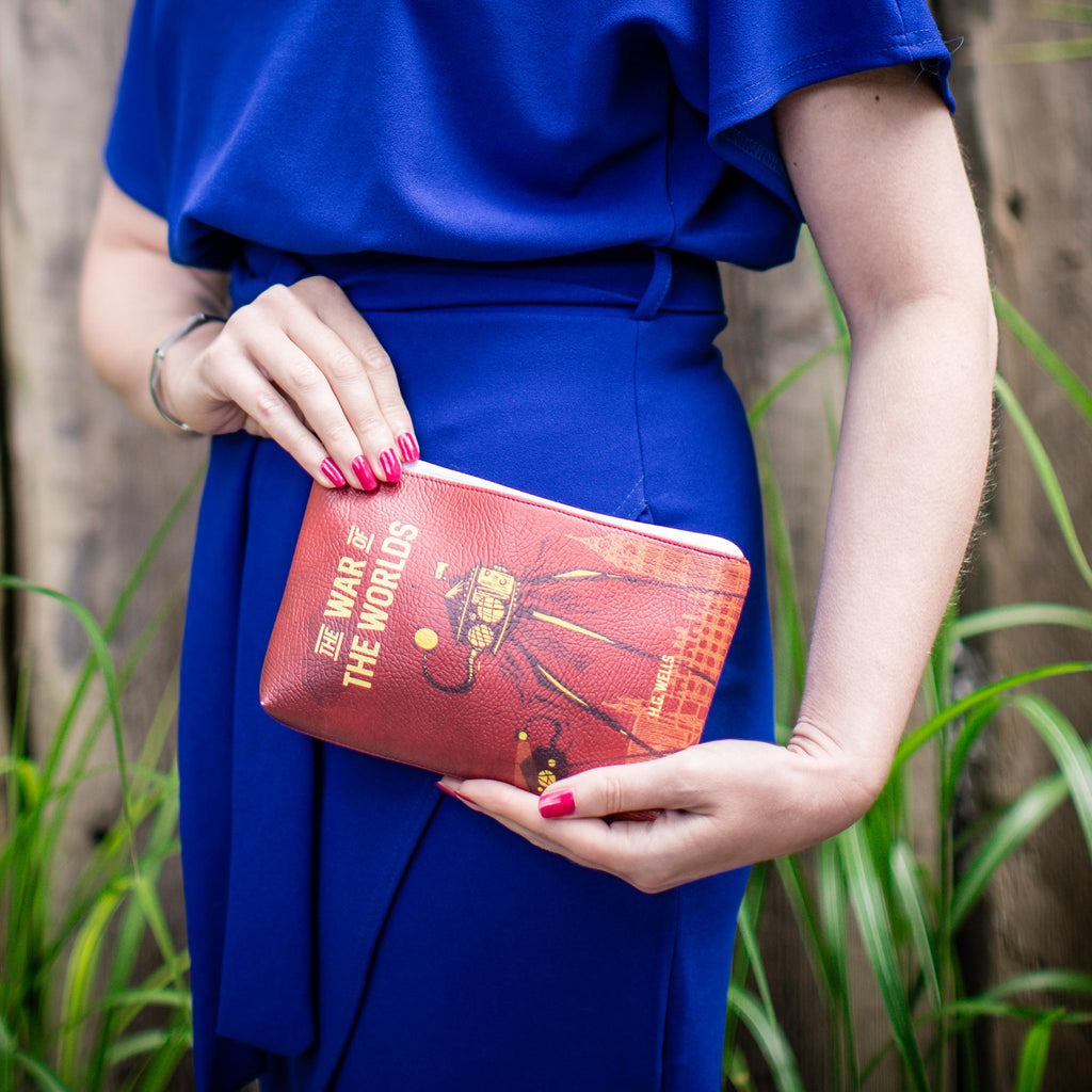 The War of the Worlds Red Pouch Purse by H.G. Wells featuring Martian Tripod design, by Well Read Co. - Model Standing