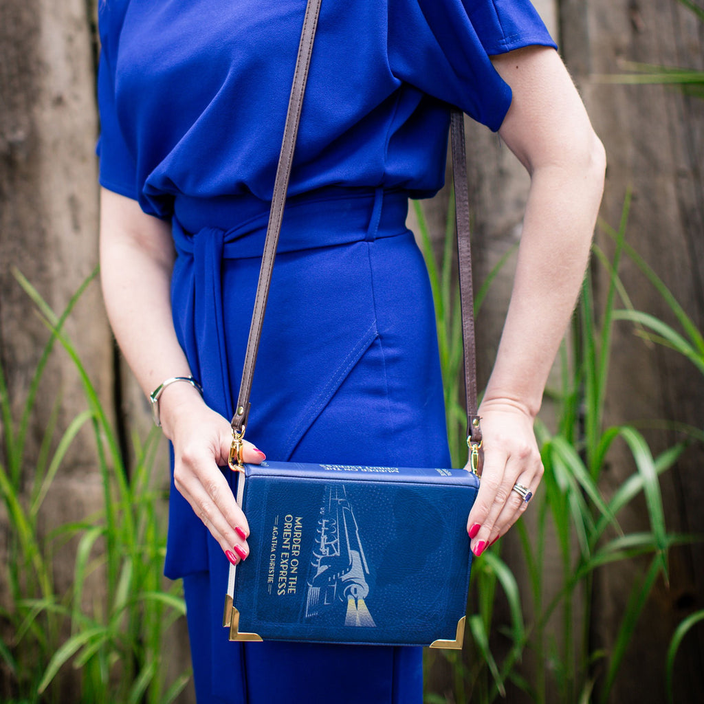 The Murder on the Orient Express Blue Handbag by Agatha Christie featuring Steam Train design, by Well Read Co. - Girl in Blue