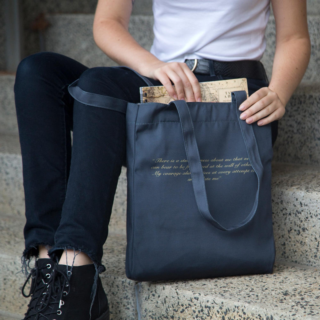 Pride and Prejudice Polyester Tote Bag by Jane Austen with Gold Peacock design, by Well Read Co. - Girl Sitting