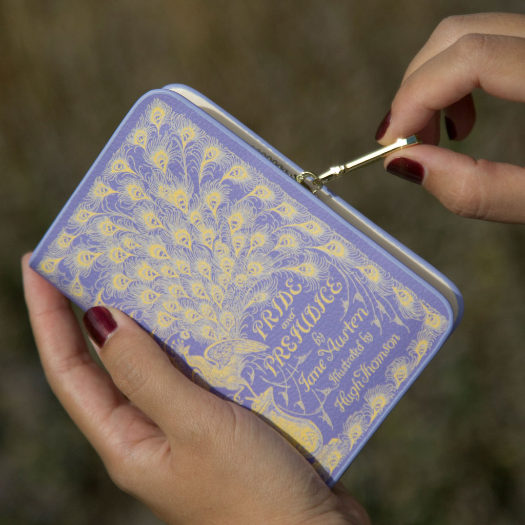 Pride and Prejudice Purple Wallet Purse by Jane Austen with Gold Peacock design, by Well Read Co. - Hand