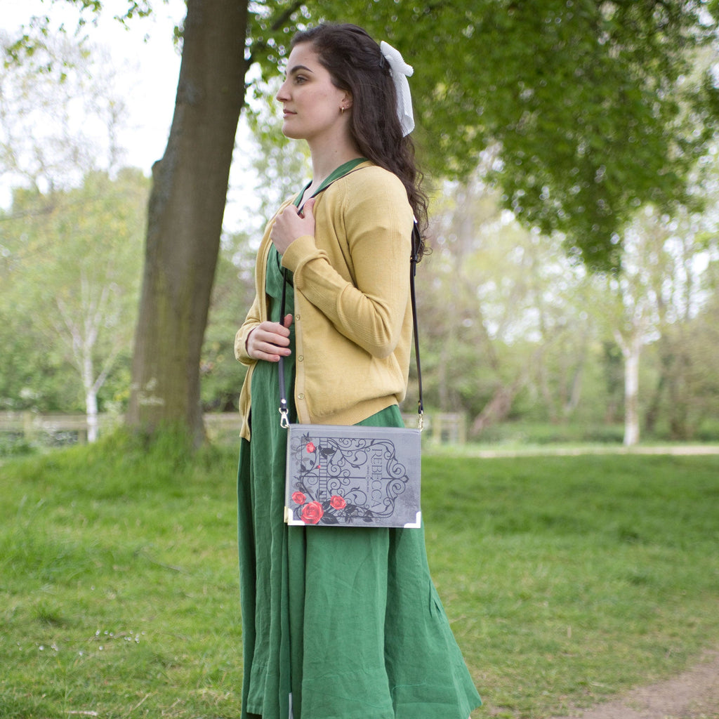 Rebecca Grey Handbag by Daphne du Maurier featuring Ornate Gate covered in Roses design, by Well Read Co. - Model Standing