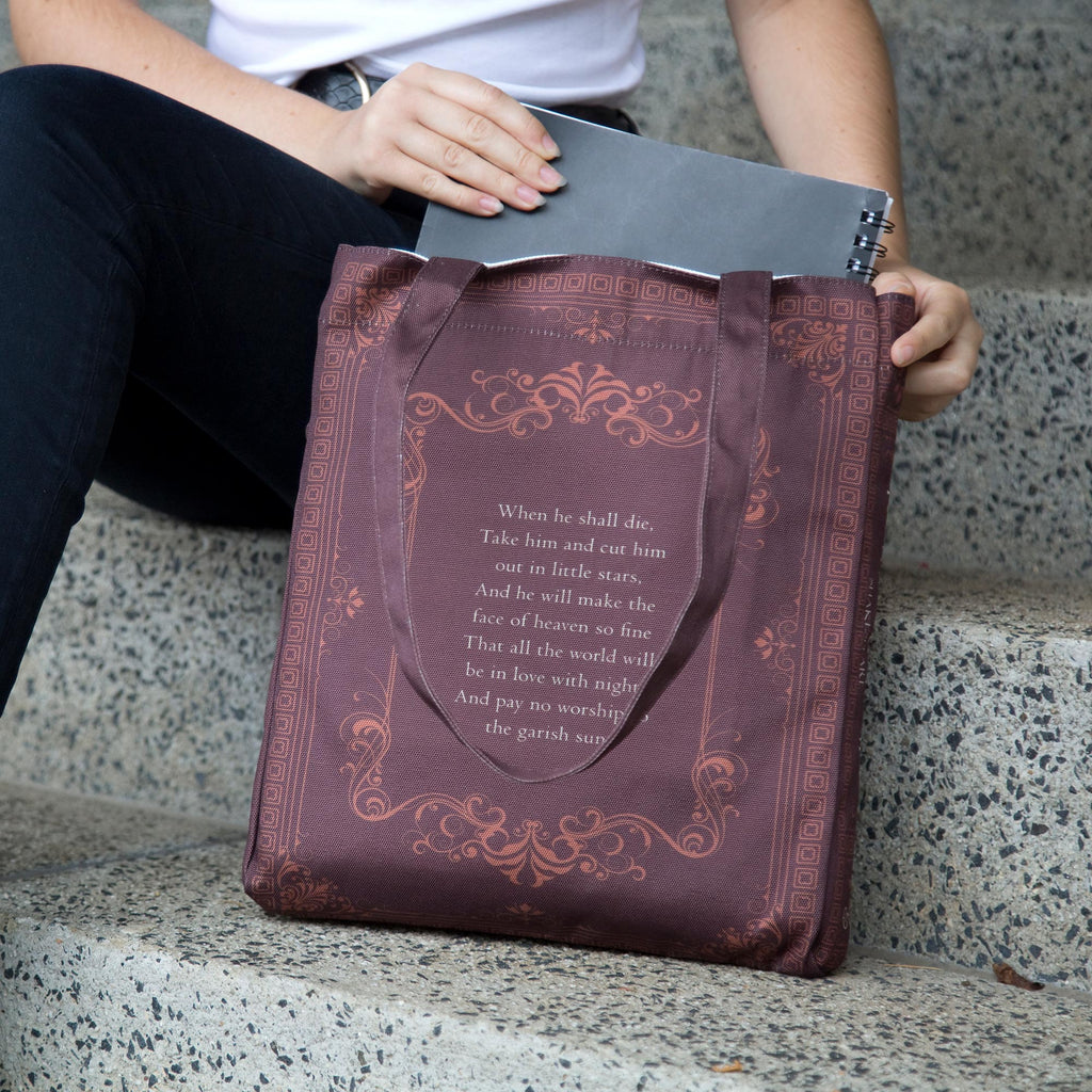 Romeo and Juliet Blue Tote Bag by William Shakespeare featuring Ford Madox Brown's 1870 Oil Painting, by Well Read Co. - Girl Sitting