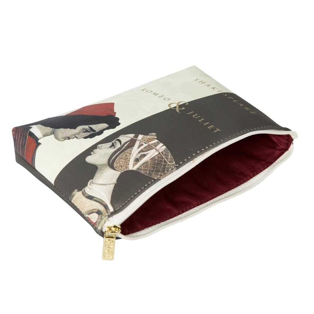 Romeo and Juliet Black and Cream Pouch Purse by William Shakespeare featuring Juliet and Romeo design, by Well Read Co. - Opened Zipper