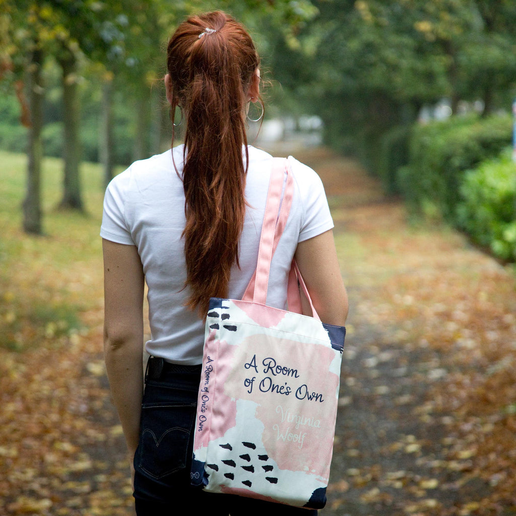 A Room of One's Own Pink and Blue Tote Bag by Virginia Woolf featuring Paint Splotches design, by Well Read Co. - Back View With Bag