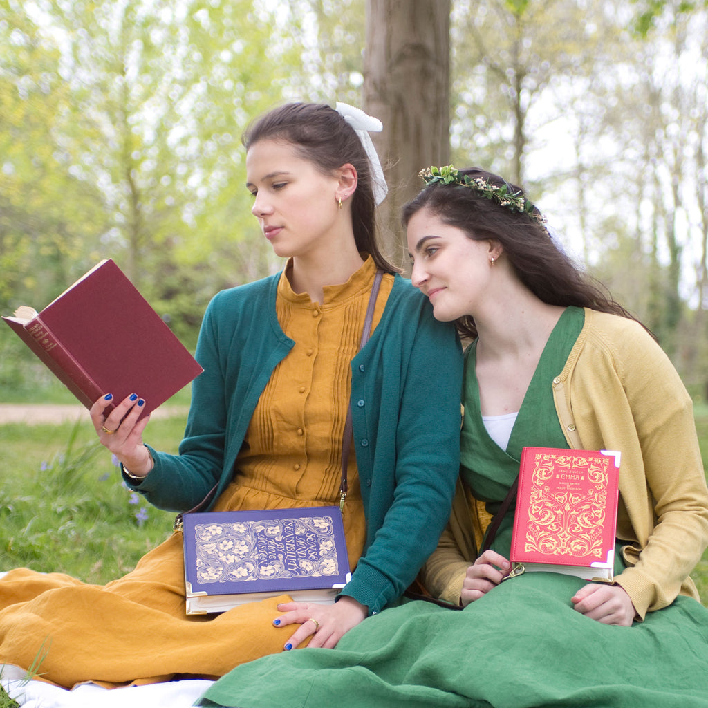 Sense and Sensibility Blue Handbag by Jane Austen with Ornate Gold Flower design, by Well Read Co. - Two Girls Sitting