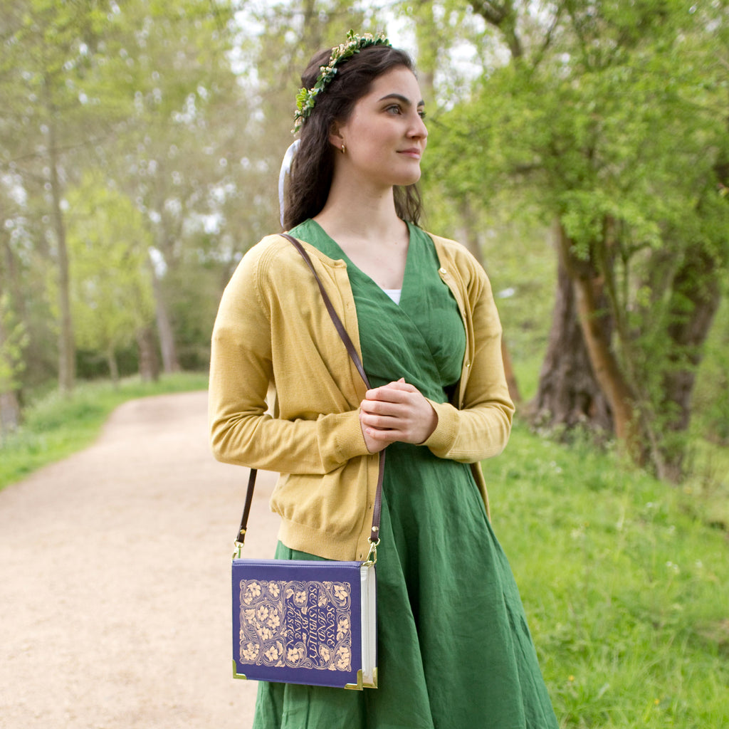 Sense and Sensibility Blue Handbag by Jane Austen with Ornate Gold Flower design, by Well Read Co. - Two Girls Sitting