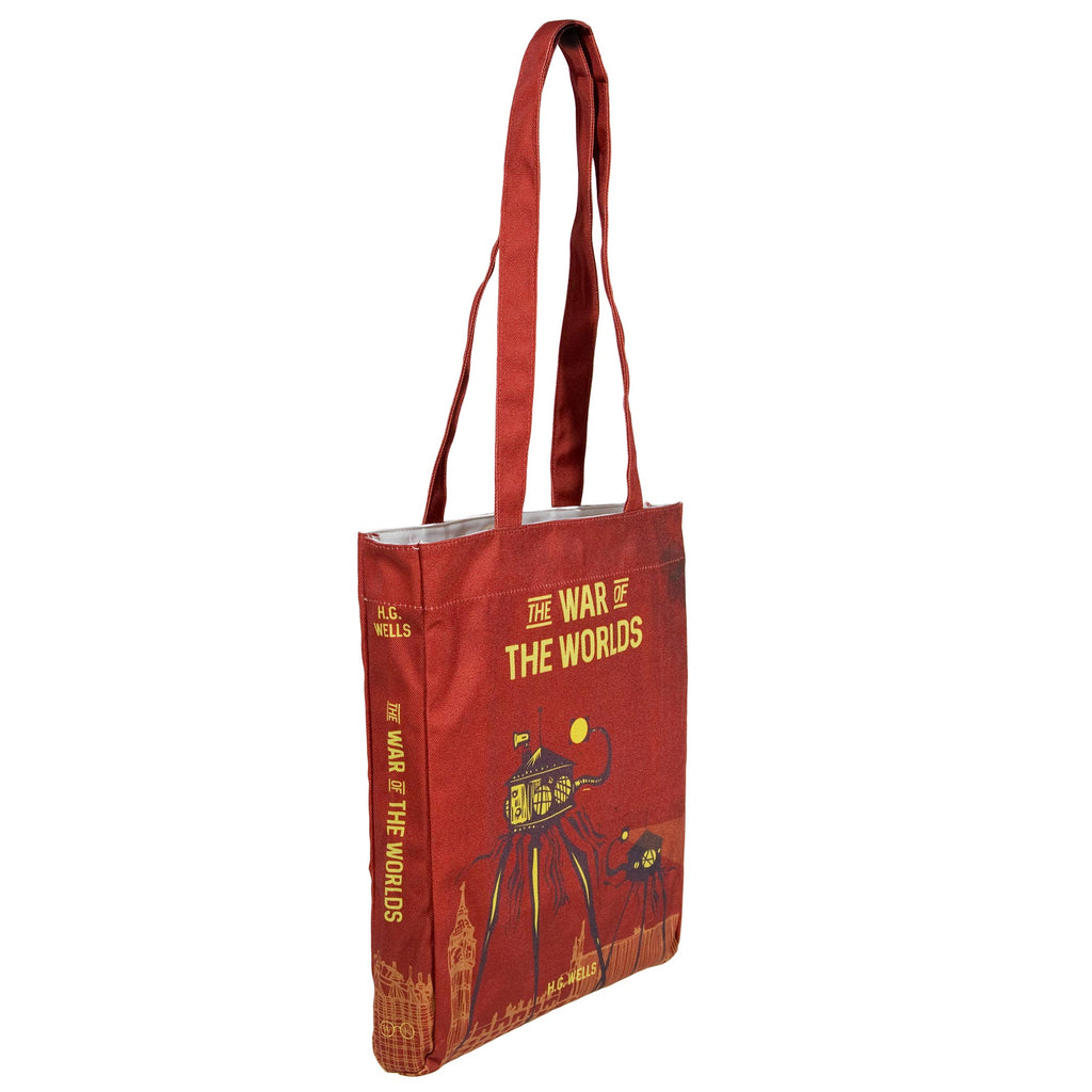 The War of the Worlds Red Tote Bag by H.G. Wells featuring Alien Tripods design, by Well Read Co. - Side