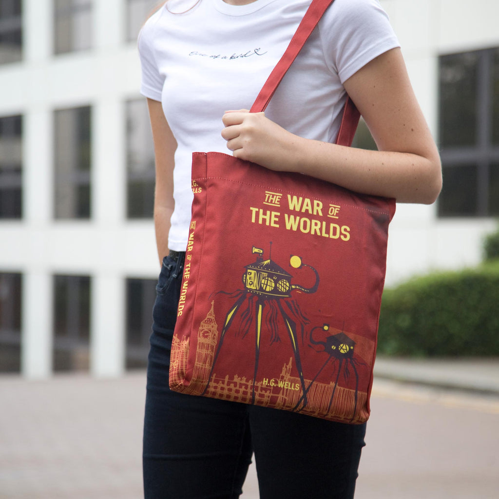 The War of the Worlds Red Tote Bag by H.G. Wells featuring Alien Tripods design, by Well Read Co. - Book@ With Open Bag