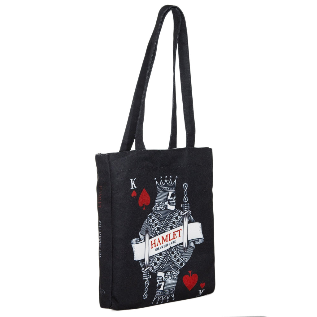 Hamlet Black Tote Bag by William Shakespeare featuring Playing Card and Skull design, by Well Read Co. - Side