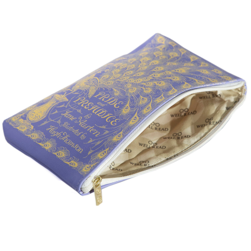 Pride and Prejudice Purple Pouch Purse by Jane Austen with Peacock design, by Well Read Co. - Opened Zipper